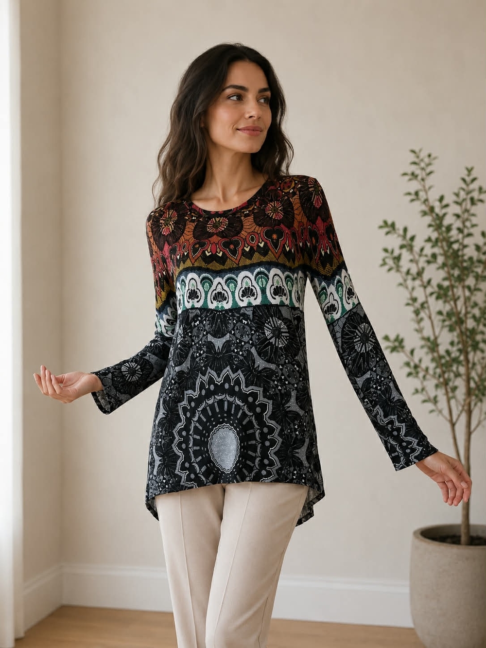 Desigual Black Multicolor Boho-Pattern Long Sleeve Top XL